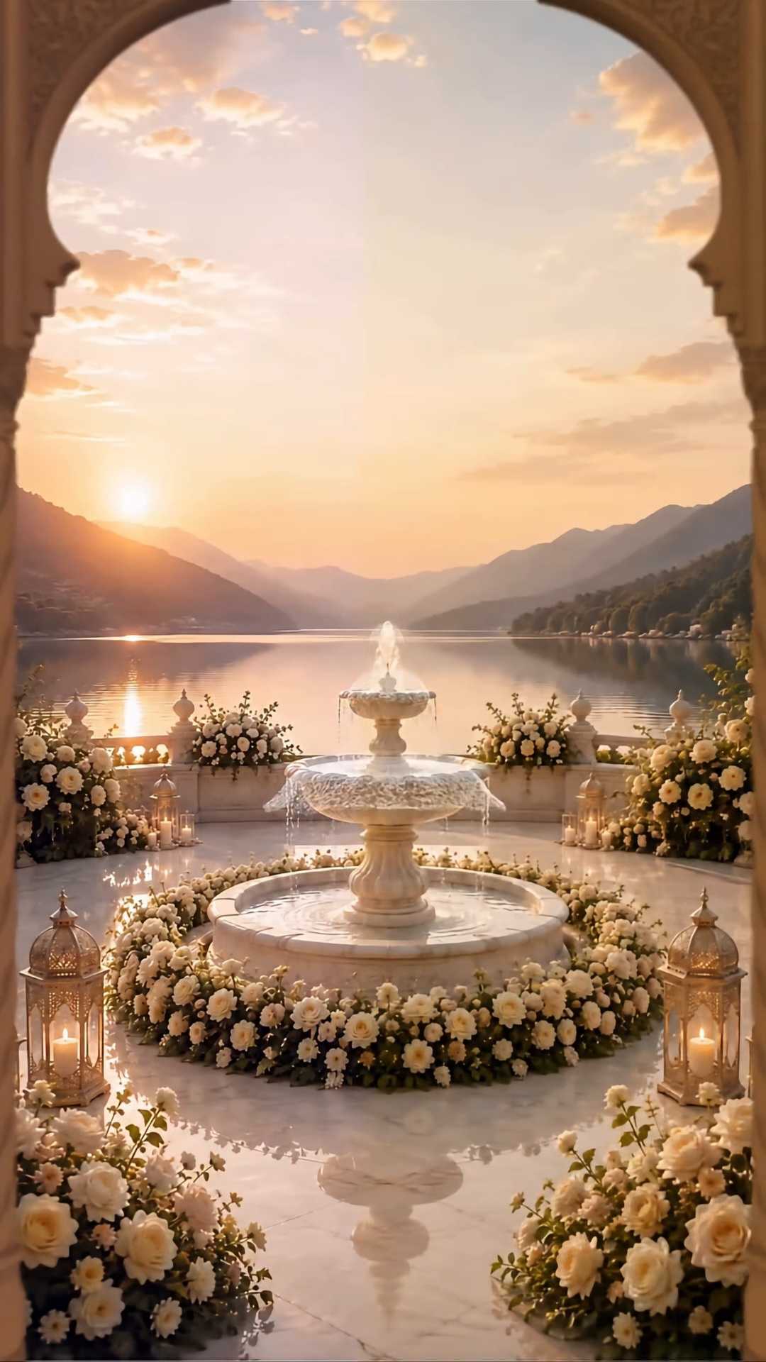Fountain courtyard framed by the archway at sunset